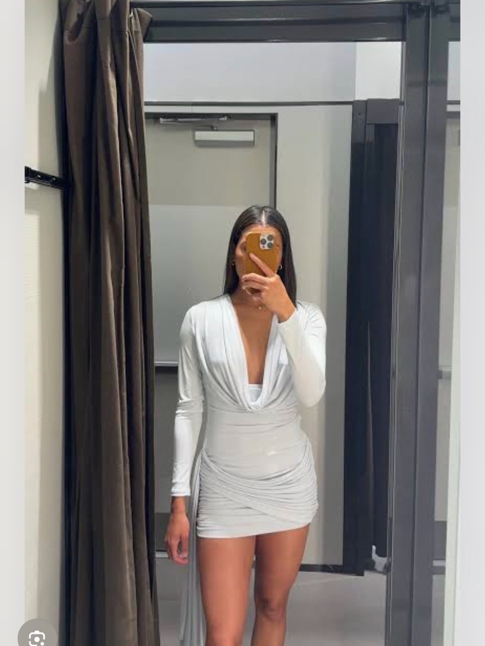 Zara White Long-Sleeve Plunge Mini Dress